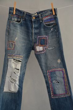 "Ready to send:size- 30,32,33,34 unique vintage jeans one of a kind levis 501 hand made embroidery and unique patches. ---Or---- Made to order, in any size, within 6 working days . If you need different size, please send me a message and I will make you a special and unique design within 6 working days. They are all different! No one will have the same one as you have! Hand painted, one of kind jeans. You pick your size, model (slim- boyfriend- high waist- low waist) and primer color and you wil Light Wash Cotton Jeans For Festival, High Rise Denim Jeans For Festivals, Bohemian Light Wash Denim Jeans, Multicolor High Rise Denim Jeans, High-waist Bohemian Denim Jeans, High Waist Blue Jeans For Festival, Bohemian High Waist Denim Jeans, Bohemian High-waist Denim Jeans, Bohemian High Rise Medium Wash Jeans