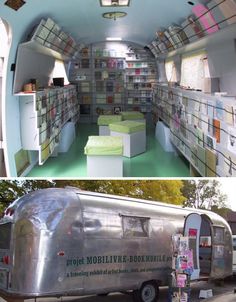 the inside and outside of an rv with bookshelves on each side, as well as in another photo