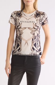 An All Saints logo adds striking signature flare to this floral print shirt cut from pure cotton. Crewneck Short sleeves 100% cotton Dry clean Made in Turkey Allsaints Graphic Print Crew Neck Top, Fitted Cotton T-shirt With All Over Print, Short Sleeve Tops With Signature Print For Spring, Allsaints White Cotton Tops, Allsaints Relaxed Fit Tops With Graphic Print, Allsaints Relaxed Fit Spring Tops, Allsaints Relaxed Fit Tops For Spring, Summer Crew Neck Tops With Signature Print, White Tops With Signature Print For Spring