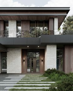 an architectural rendering of a modern house with wood and stone accents on the front door