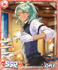 an anime character with blue hair holding a tea pot and cake on a tray in his hand