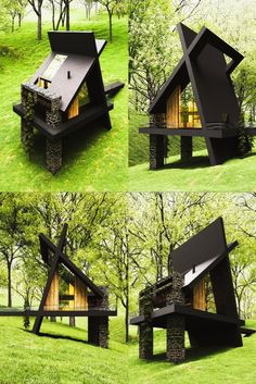 four different views of an unusual house in the middle of a field with trees and grass