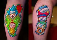 two cartoon tattoos on the legs of people who are wearing different colored outfits and colors