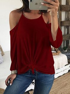 Sling Open Back Long Sleeve Off-Shoulder T-Shirt Shopvhs.com Off Shoulder T Shirt, Women's T Shirts, Casual Blouse, Plus Size Shirts, Fashion Colours, Casual Shirt, Fashion Street, Quarter Sleeve, Cotton Style