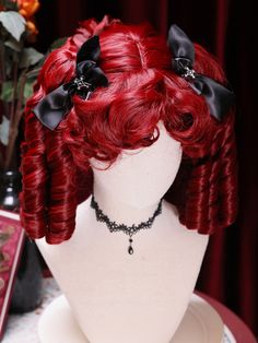 Red Lolita Wig with Roman Curls - Elegant Vintage Witch Double Ponytail for Halloween.  This wig features a Roman curl design with a charming ponytail style and curly bangs that perfectly frame the face. The set includes one wig and two hair clips, offering a complete and stylish look. Victorian Goth Hair, Curly Short Red Hair, Victorian Curls, Long Curled Hair, Styled Wigs, Red Hair Ideas, Vampire Design, Vampire Hair, Vintage Vampire