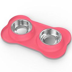 a pink dog bowl with two bowls in it