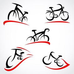 four different types of bicycles in black and red colors on a white background stock illustration