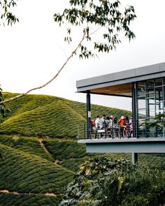 people are standing on the balcony of a building with green hills in the back ground