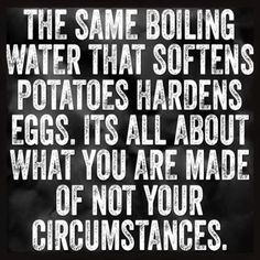 the quote is written in white on a purple background with an image of water that softens potatoes hardens eggs it's all about what you are made of not your crumstances