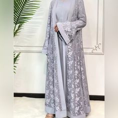 Women Morocco Muslim Dress Abaya 2 Piece Set Lace Kaftan Casual Dubai Turkey Islam Long Robe Original Price : $79.84 0000084 Elegant Gray Sets For Eid, Silver Dresses For Eid, Lace Abaya, Dubai Party, Eid Prayer, Arab Dress, Hijab Bride, Mode Abaya, Muslim Dress