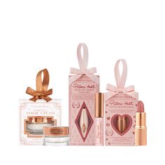 Save a magical 15%* on my trio of beauty secrets! Includes travel-sized Magic Cream, Pillow Talk mascara and Pillow Talk lipstick in gift boxes! Mekaup Products, Charlotte Tilbury Packaging, Makeup Graphics, Charlotte Tilbury Lip Set, Charlotte Tilbury Mini, Charlotte Tilbury Gift Set, Luxury Makeup Gift Set, Pink Matte Lipstick, Beauty Gift Set