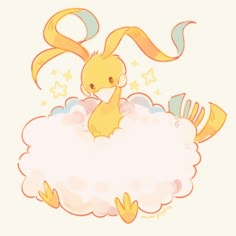 a drawing of a rabbit sitting on top of a cloud with stars and clouds around it