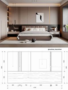 an image of a modern bedroom with furniture and lighting in it, as well as the floor plan