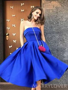 Gold Satin Strapless A-line Short Backless Homecoming Dresses, HM1067 – MarryLover Royal Blue Satin Prom Dress, Royal Blue Homecoming Dresses, Burgundy Homecoming Dress, Royal Blue Shorts, Prom Dresses With Pockets, Blue Homecoming Dresses