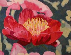 a painting of a red flower with yellow stamens on it's center