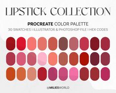 the lipstick color palette is shown in shades of red, pink and orange