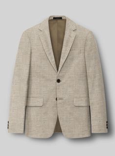 Embrace a classy aura with the Loro Piana Gemma Wool Silk Linen Suit, a luxurious and high-end addition to any man's wardrobe. Bespoke with premium materials including wool, silk, and linen, it offers a perfect balance of style, comfort, and quality. Its fabric is soft, breathable, and flows beautifully on the body. The color is a versatile and perennial shade of beige. With such a suit, you are guaranteed to look sharp and polished. Its elegance is matched only by its versatility and lasting ap Luxury Fitted Wool Sport Coat, Luxury Fitted Tweed Jacket With Welt Pockets, Luxury Fitted Single Breasted Tweed Jacket, Luxury Fitted Single-breasted Tweed Jacket, Luxury Fitted Tweed Jacket For Business Casual, Luxury Tailored Single-breasted Tweed Jacket, Tailored Luxury Tweed Jacket For Semi-formal Occasions, Luxury Tailored Tweed Jacket For Semi-formal Occasions, Luxury Fitted Linen Tweed Jacket