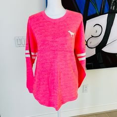 Pink Victoria’s Secret Limited Collection Crew Neck Sleeve Sweatshit Size Xs Nwot Spring Varsity Long Sleeve Tops, Pink Cozy Fit Sporty Top, Sporty Pink Top With Cozy Fit, Sporty Pink Tops With Cozy Fit, Sporty Cozy Fit Pink Top, Varsity Style Loungewear Tops With Ribbed Cuffs, Varsity Style Top With Ribbed Cuffs For Loungewear, Pink Cozy Fit Top For Spring, Pink Varsity Long Sleeve Top