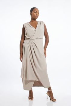 Drawing On The Iconic Design Codes Of The '90S, Karen Millen Has Collaborated With Purveyors Of Fine Vintage Fashion Clothing, Ooto London, Who Are Known For Their Archives Of High Fashion Collections. Become The Centre Of Attention In Our Plus Size Maxi Dress, With A Draped Design That Creates A Wrap Style Silhouette, And A Flowing Fit That Skims Your Curves. The Deep V Neckline And Open Back Elevates The Formality Of This Piece, Making It Ideal For Special Occasions. Style This Piece With Stra Neutral Drawing, Jersey Fabric Dress, Plus Size Wrap Dress, Petite Wedding Guest Dresses, Aw 23, Work Dress Code, Plus Size Workwear, Latest Maxi Dresses, Summer Bridesmaid Dresses