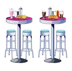 two tables and stools with food on them