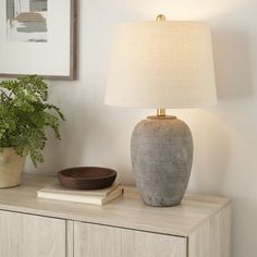 a table lamp sitting on top of a wooden dresser next to a potted plant