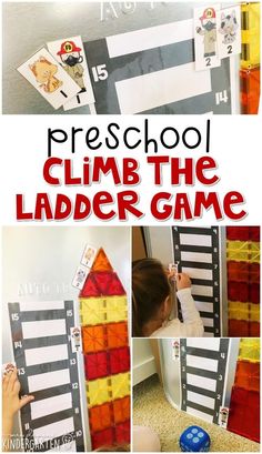 a collage of photos with the words preschool climb the ladder game in red and white