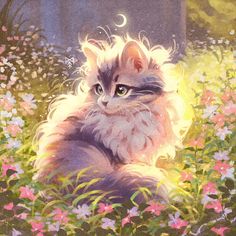 a painting of a cat sitting in some flowers