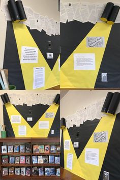 two pictures of yellow and black pieces of paper on a wall with bookshelves in the background