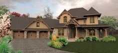 this is an artist's rendering of a house in the country style with stone and wood accents