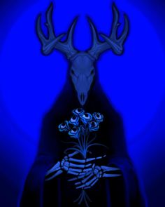 a painting of a skeleton holding flowers in front of a deer's head with blue background