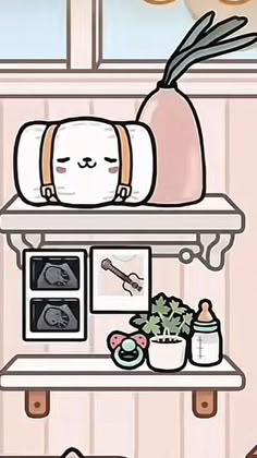 a cartoon cat sleeping on top of a shelf next to a potted plant and microwave