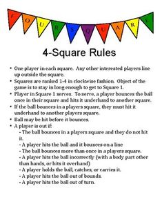 the four square rules are in english and spanish, with colorful flags hanging above them