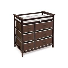 a baby changing table with four drawers and two trays on the bottom, in dark brown