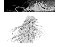 an anime character with long hair looking at another character in the same image as they appear to