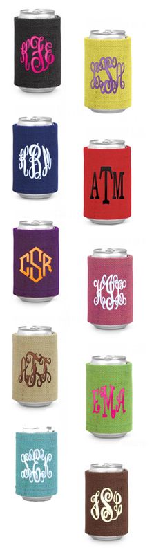 six different color monogrammed can coolers with the initials and letters on them