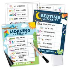 the bedtime checklist is on display next to a pen and paper with writing