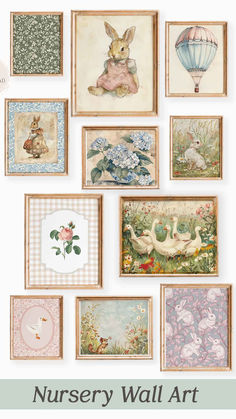 the nursery wall art is hanging on the wall with flowers and animals in it,