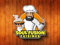 a logo for a restaurant called soul fuson cuisines with a chef holding a plate of food