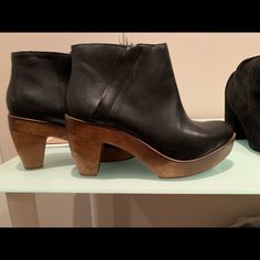 Brooklyn Shoe Designer. Never Worn. Leather Heeled Boots With Wooden Heel For Fall, Chic High Heel Boots With Wooden Heel, Chic Boots With Wooden Block Heel, Chic Fall Boots With Wooden Heel, Spring Leather Boots With Wooden Heel, Leather Boots With Wooden Heel For Spring, Casual Leather Boots With Wooden Heel, Leather Boots, Bootie Boots