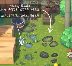 an animal crossing game with rocks and plants