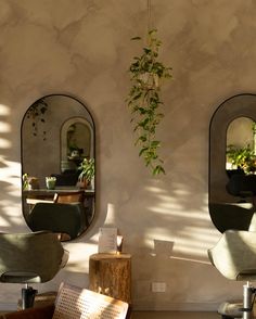 two mirrors are hanging on the wall near chairs and a table with plants in it