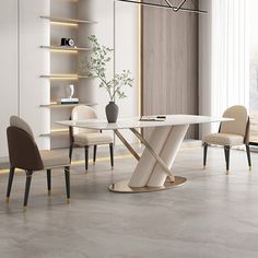 a modern dining room with white walls and flooring is pictured in this image, there are several chairs around the table