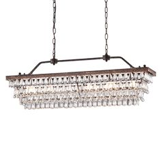 a rectangular chandelier with crystal drops hanging from it's long metal chain