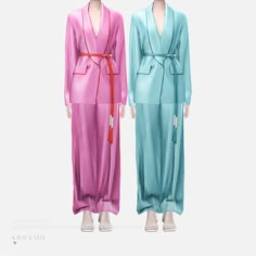 two female mannequins dressed in different colored robes