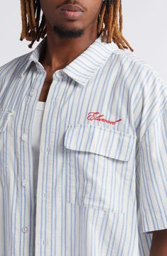 An embroidered logo on the chest and a boxy fit drive home the vintage-inspired styling of this button-up cut from cool cotton oxford cloth. 26" length Front button closure Spread collar Short sleeves Chest flap patch pockets 100% cotton Machine wash, tumble dry Imported Engagement Photo Shoot Beach, Engagement Photoshoot, Engagement Photo, Navy White, Navy And White, Photo Shoot, White Stripe, Button Up Shirts, Vintage Inspired