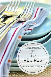 a stack of blue plates with silverware on top and the words market life russell'top 30 recipes