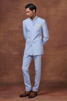 Sky blue bandhgala jacket with intricate tonal thread detailing, contrast piping and patch pockets. - Aza Fashions Blue Bandhgala, Raghavendra Rathore, Anamika Khanna, Diana Penty, Rohit Bal, Tarun Tahiliani, Luxury Sale, Contrast Piping, Silk Wool