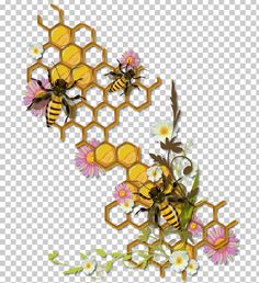 two bees and some flowers are on the same piece of honeycombs, transparent png