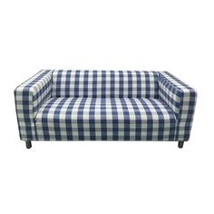 a blue and white checkered couch with black legs