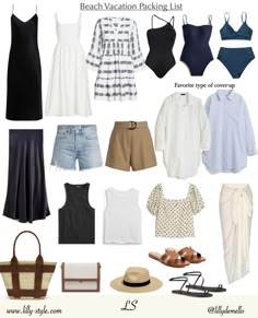 the beach vacation packing list includes clothing, shoes and accessories